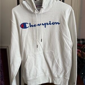 Champion Men's White Hoodie with Blue Logo